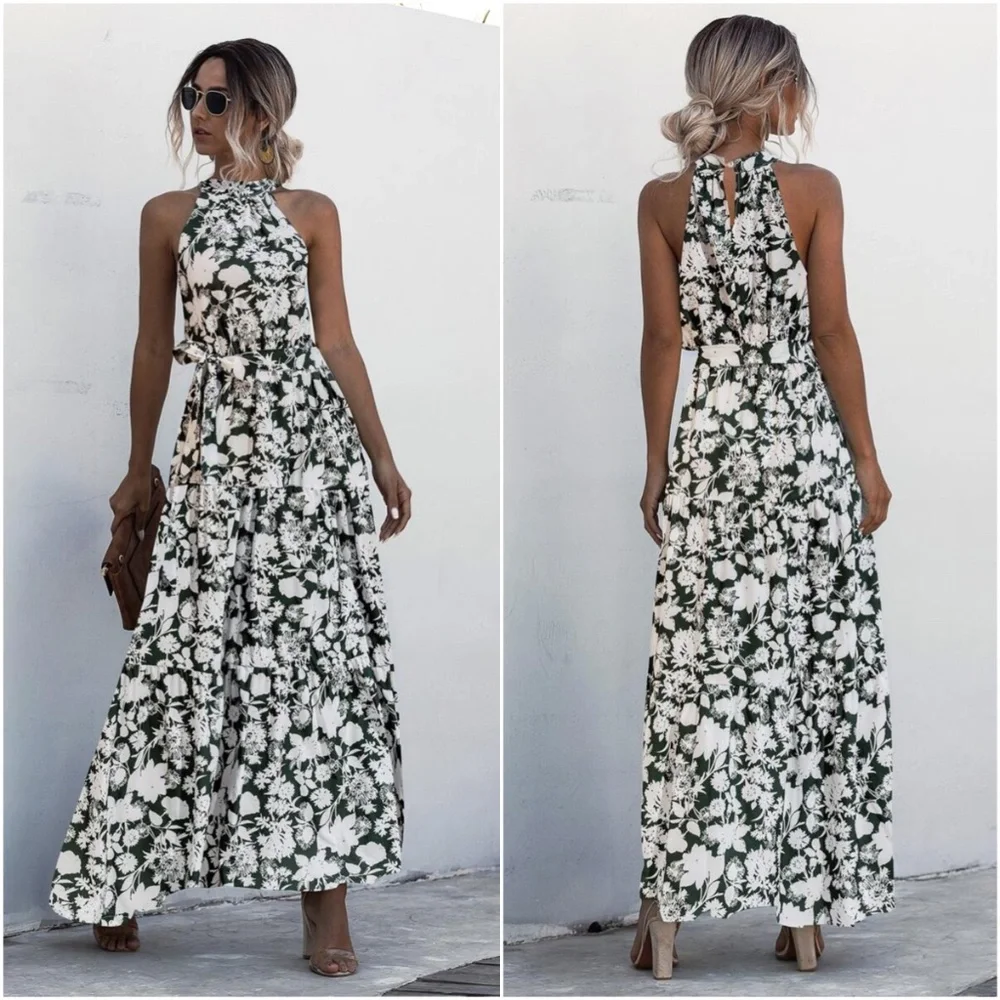 Boho Pastel Green Floral Print Halter Maxi Dress Ruffle - Picture 3 of 13